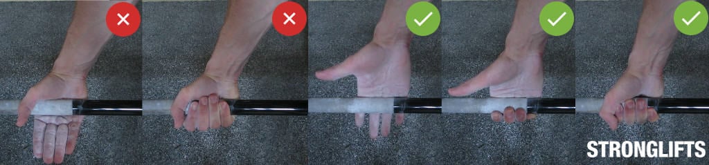 Proper Deadlift grip: gripping the bar mid-palm vs. close to fingers.