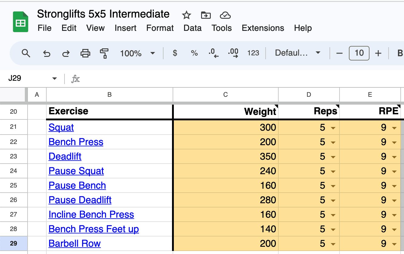 Stronglifts 5x5 Intermediate Spreadsheet: enter best lifts