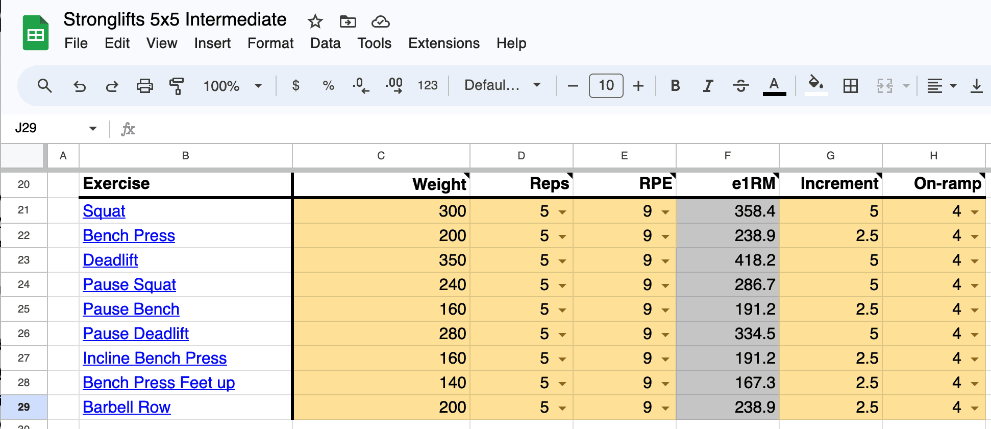 Stronglifts 5x5 Intermediate Spreadsheet: on-ramp settings