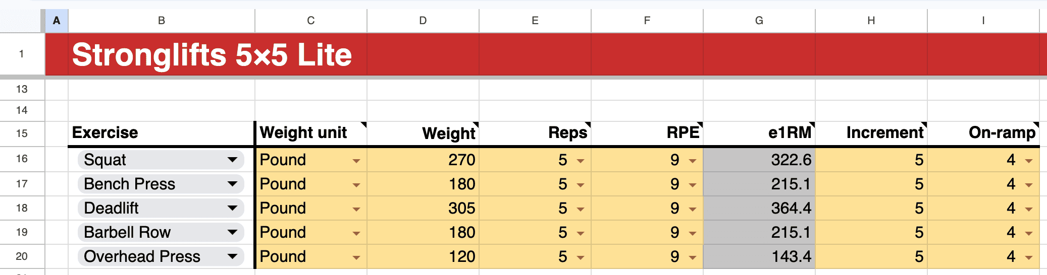 On-ramp settings Stronglifts 5x5 Lite spreadsheet On-ramp settings Stronglifts 5x5 Lite spreadsheet