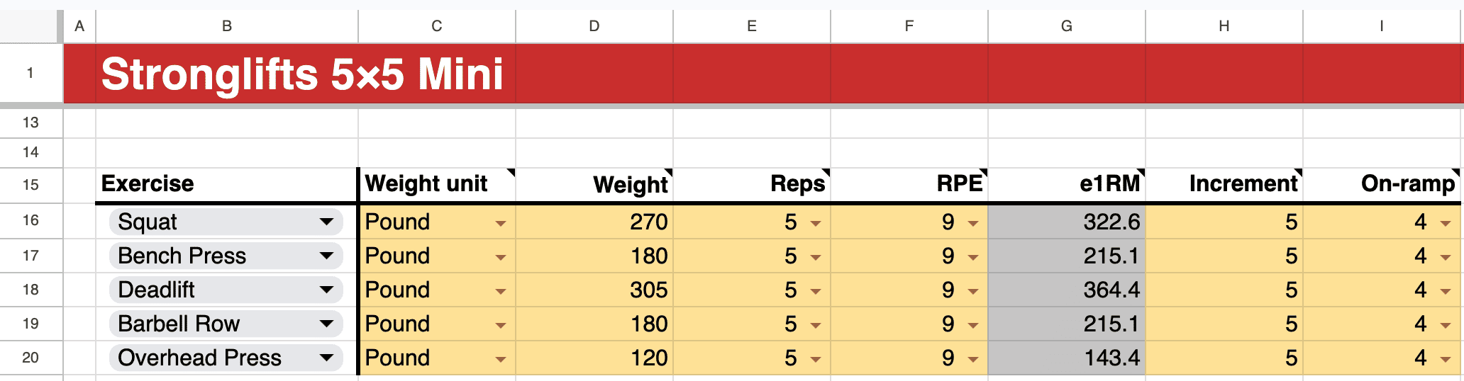 On-ramp settings Stronglifts 5x5 Mini spreadsheet