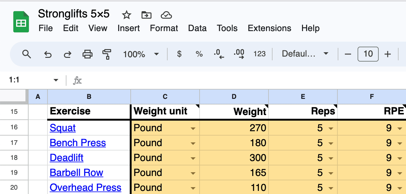 Stronglifts 5x5 spreadsheet starting weight calculations