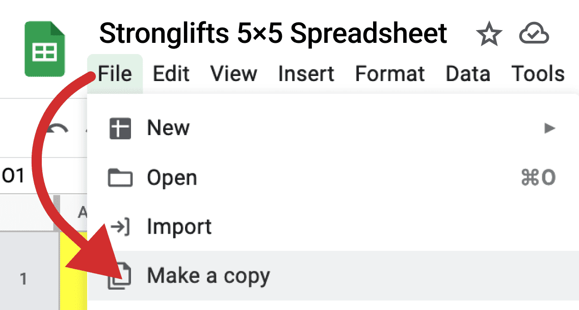 Copy Stronglifts 5x5 Workout spreadsheet