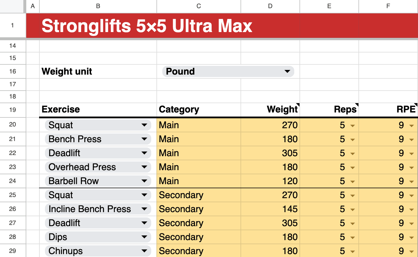 Enter your best lifts in the Stronglifts 5x5 Ultra Max spreadsheet Enter your best lifts in the Stronglifts 5x5 Ultra Max spreadsheet