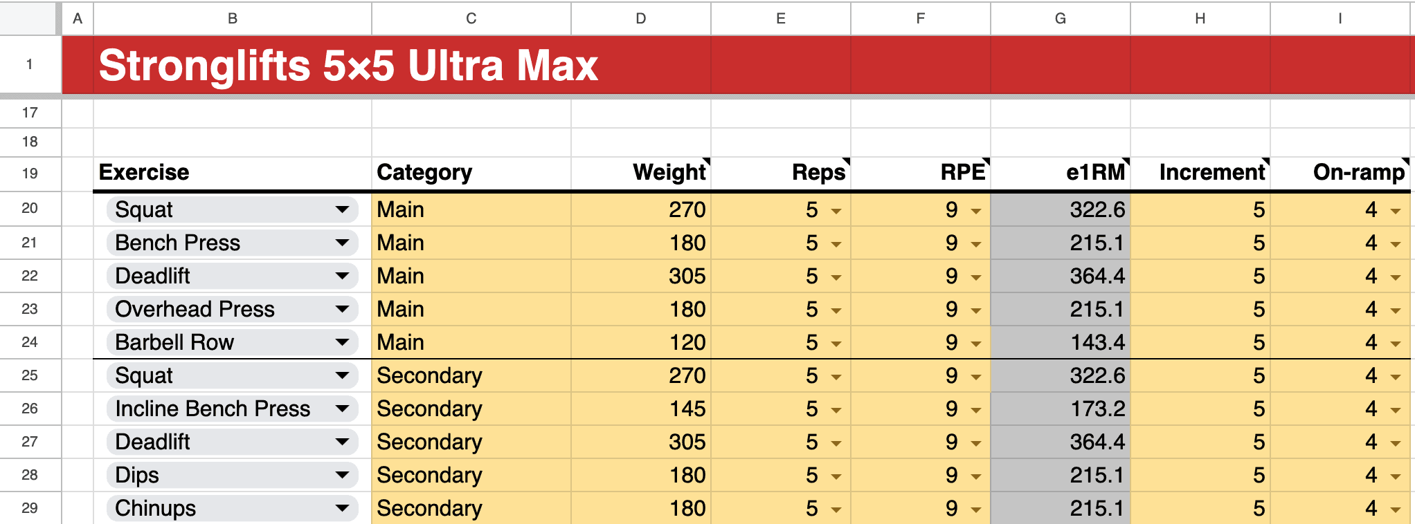 On-ramp settings Stronglifts 5x5 Ultra Max spreadsheet On-ramp settings Stronglifts 5x5 Ultra Max spreadsheet